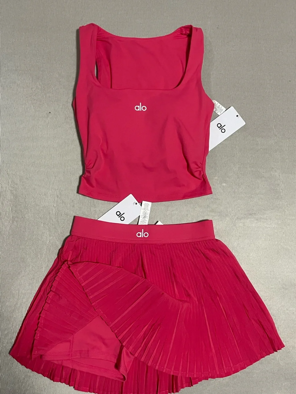 ALO Yoga Hot Pink Cropped Tank Top with Pleated Skirt Set